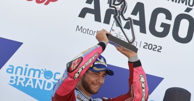 Gresini Racing&#039;s Enea Bastianini celebrates winning the Aragon MotoGP, Aragon Spain, Sept. 18, 2022. (AA Photo)