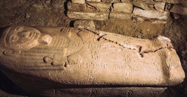 A pink granite sarcophagus belonging to a ranking government official during the reign of the ancient Egyptian New Kingdom Pharaoh Ramses II (1279–1213 B.C.), found by an Egyptian expedition at the tomb of Ptah-em-uya in Saqqara near the site of the Pyramid of Unas, is seen in this handout picture released by the Egyptian Ministry of Antiquities on Sept. 19, 2022. (Egyptian Ministry of Antiquities via AFP)