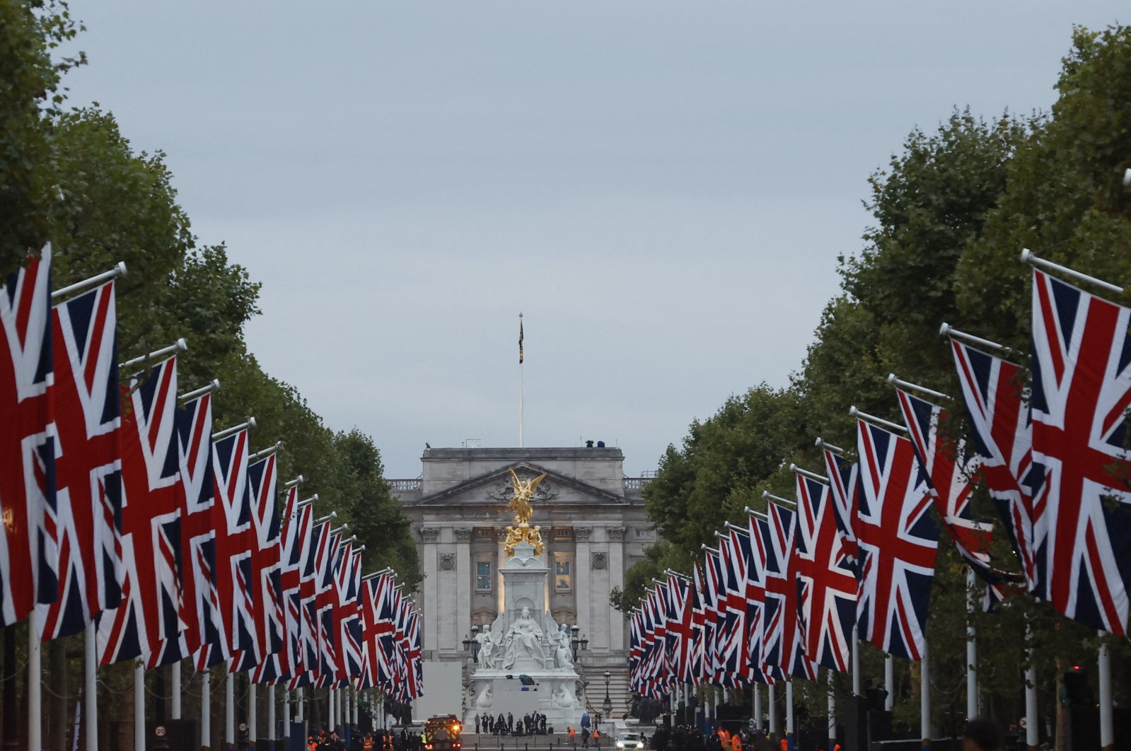 Union Jack flags are seen on The Mall, on the day of the state funeral and burial of Britain&#039;s Queen Elizabeth II, London, Britain, Sept. 19, 2022. (Reuters Photo)