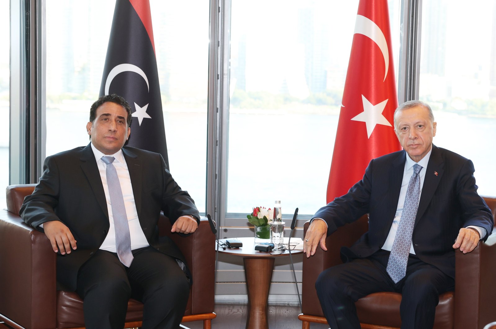 President Recep Tayyip Erdoğan receives the chairperson of the Libyan Presidential Council Mohammad Younes Menfi at Turkish House (Türkevi), New York, U.S., Sept. 18, 2022. (AA Photo)