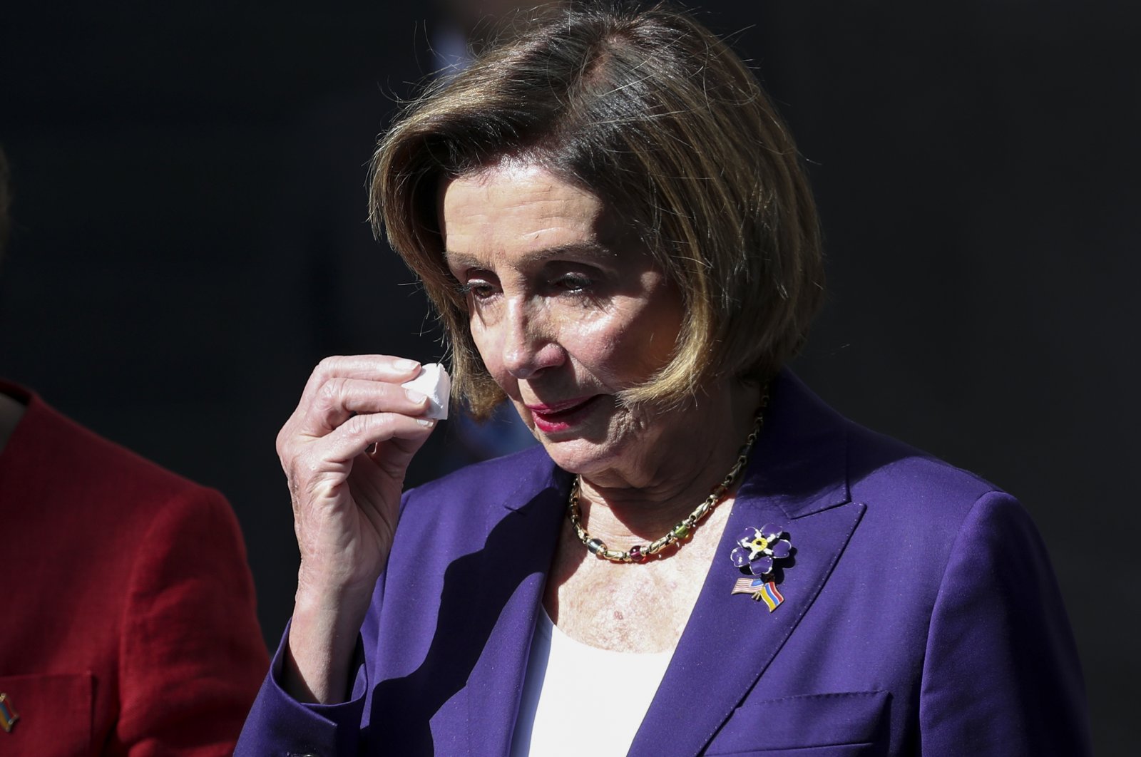 Speaker of the U.S. House of Representatives Nancy Pelosi reacts as she attends a laying ceremony at the monument to the victims of the 1915 events, Yerevan, Armenia, Sept. 18, 2022. (AP Photo)