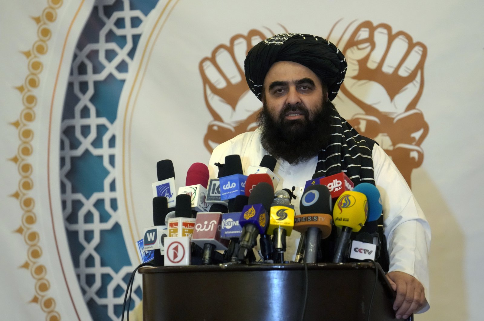 Afghanistan&#039;s Taliban-appointed Foreign Minister Amir Khan Muttaqi speaks at a press briefing in Kabul, Afghanistan, Sept. 19, 2022. (AP Photos)