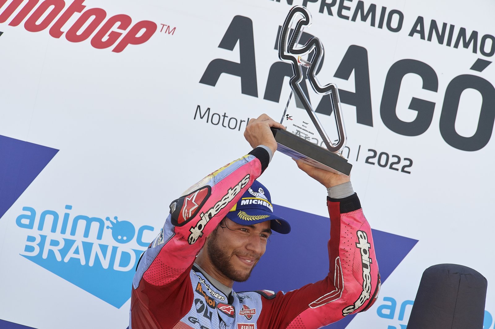 Gresini Racing&#039;s Enea Bastianini celebrates winning the Aragon MotoGP, Aragon Spain, Sept. 18, 2022. (AA Photo)