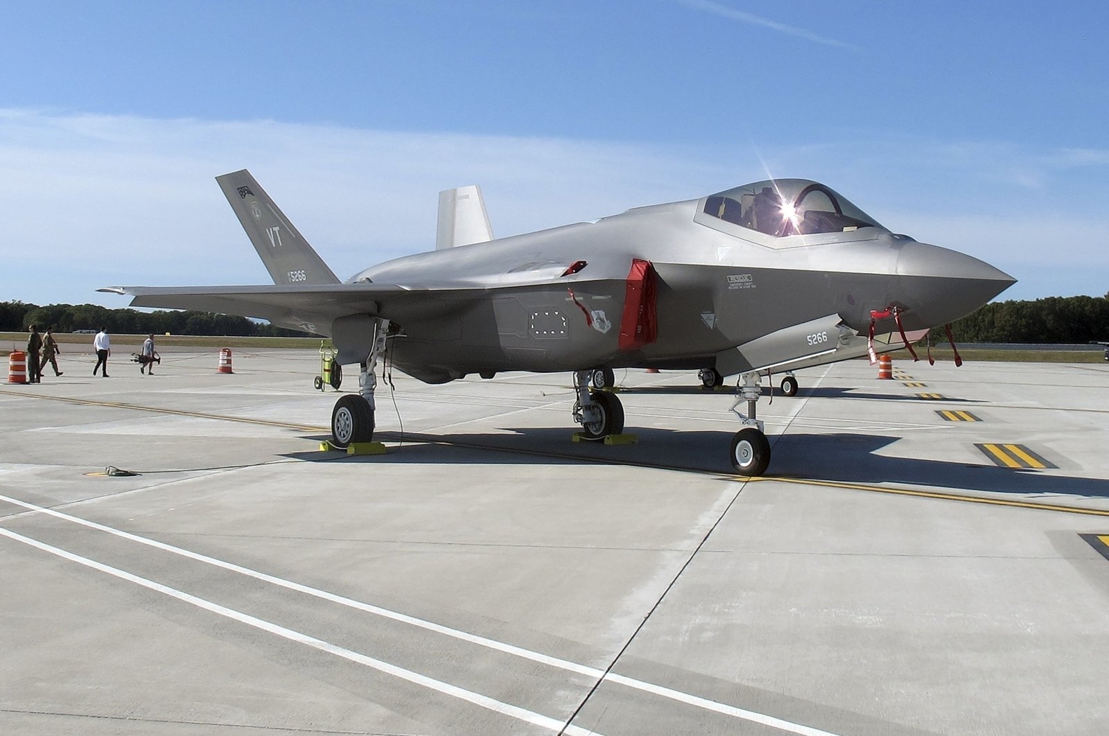 An F-35 fighter jet arrives at the Vermont Air National Guard base in South Burlington, Vermont, Sept. 19, 2019. (AP Photo)