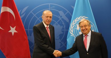 President Recep Tayyip Erdoğan shakes hands with U.N. Secretary-General Antonio Guterres in New York, Sept. 20, 2022. (AA Photo)