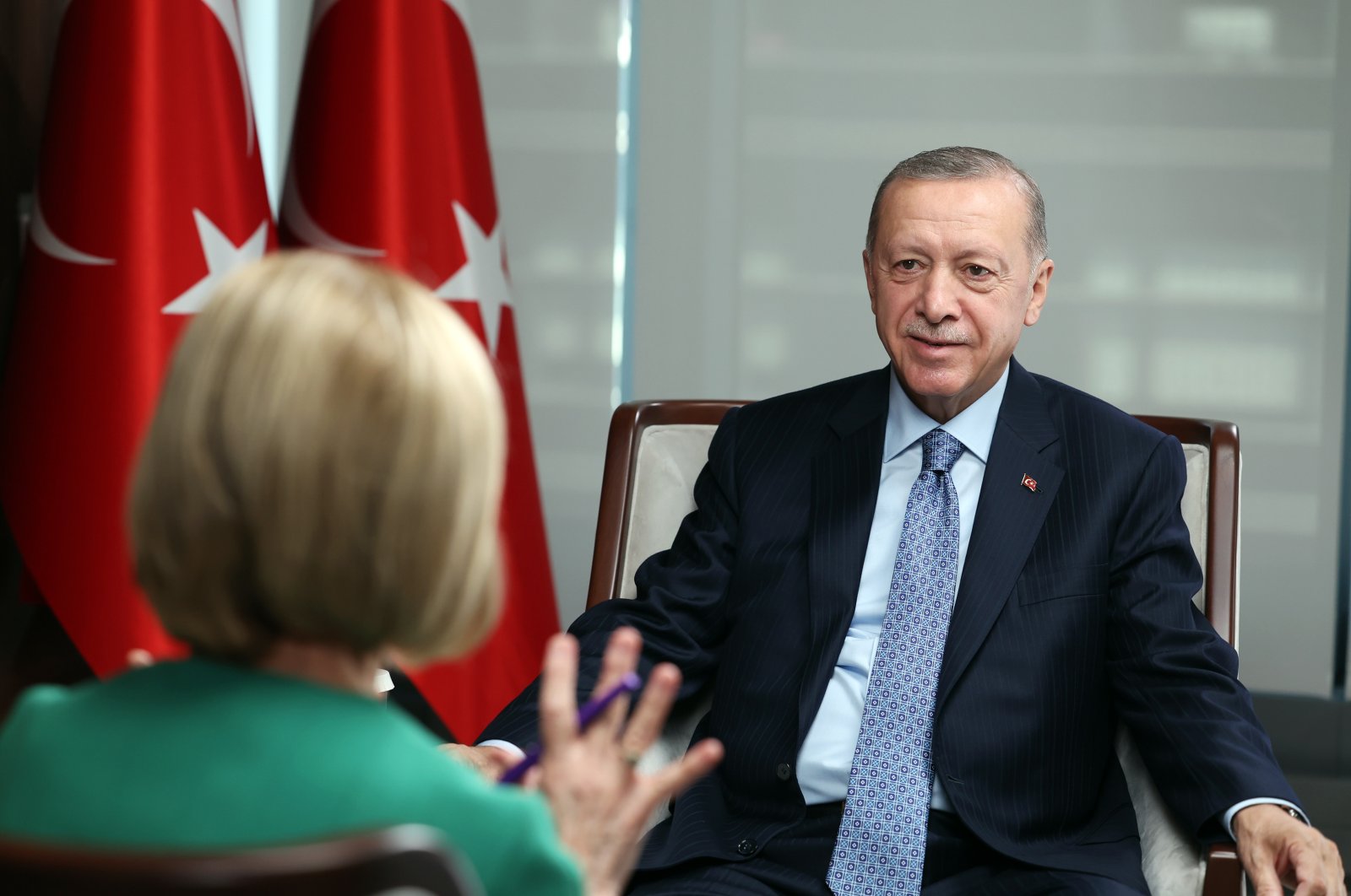 President Recep Tayyip Erdoğan speaks with the U.S. television channel PBS in New York, U.S., Sept. 19, 2022. (AA Photo)