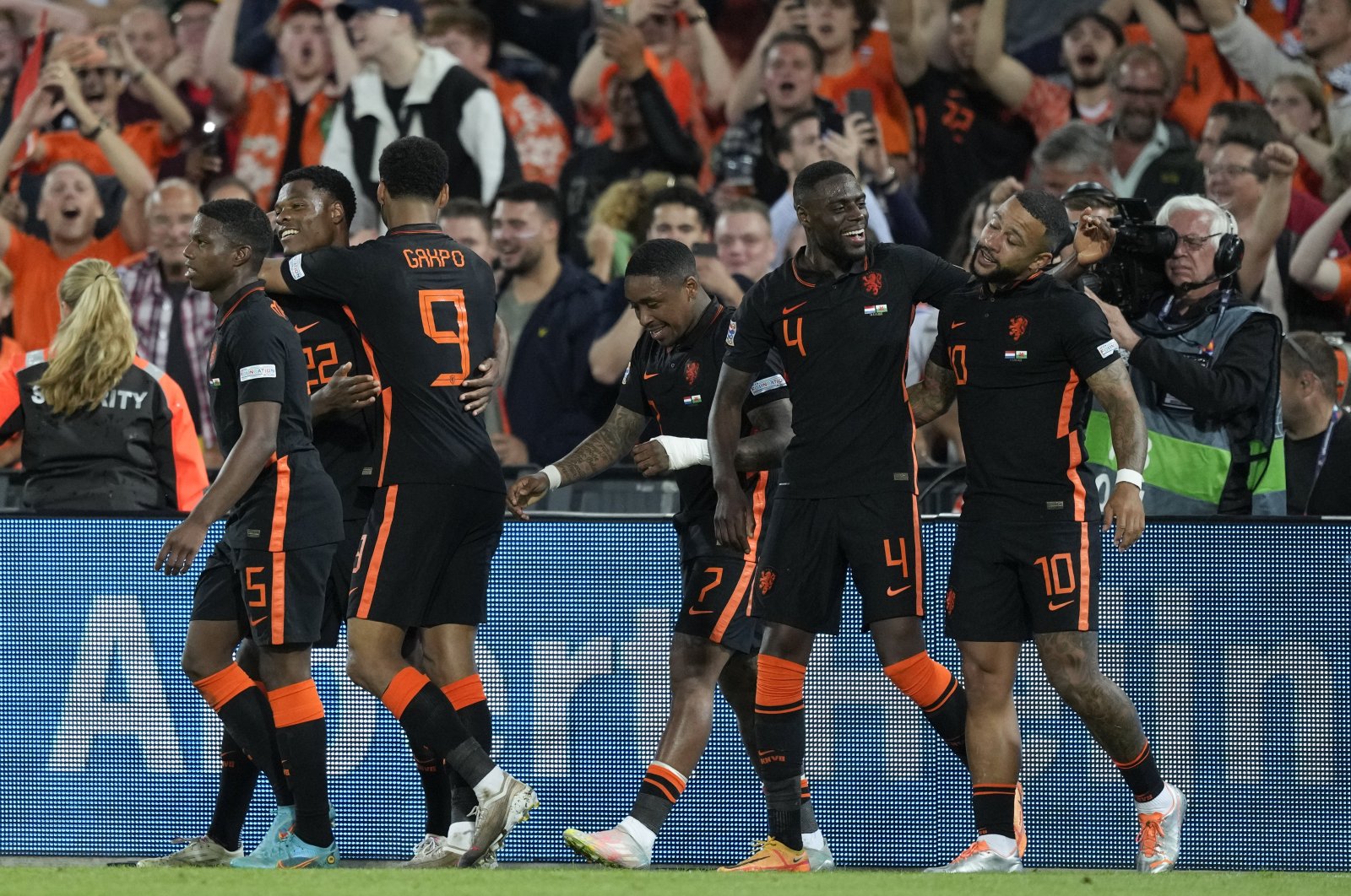 Dutch players celebrate a goal in a Nations League match against Wales, Rotterdam, Netherlands, June 14, 2022. (AP Photo)