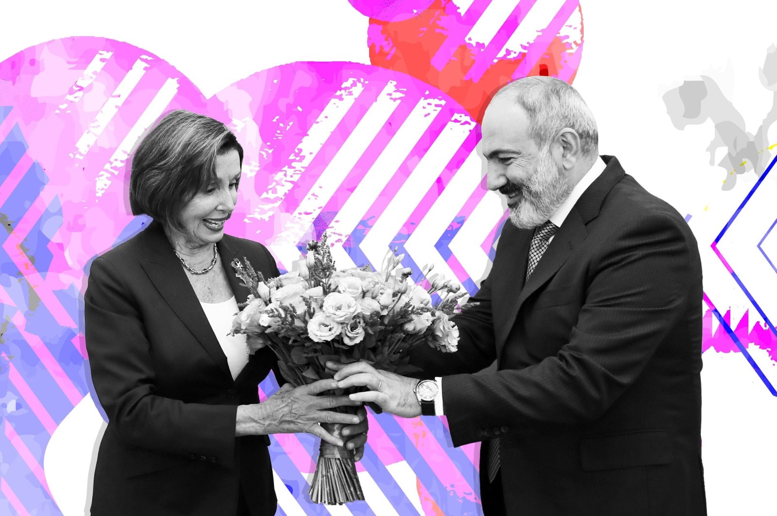 Illustration edited by Büşra Öztürk shows Armenian Prime Minister Nikol Pashinyan (R) and Speaker of the U.S. House of Representatives Nancy Pelosi. (AP Photo)