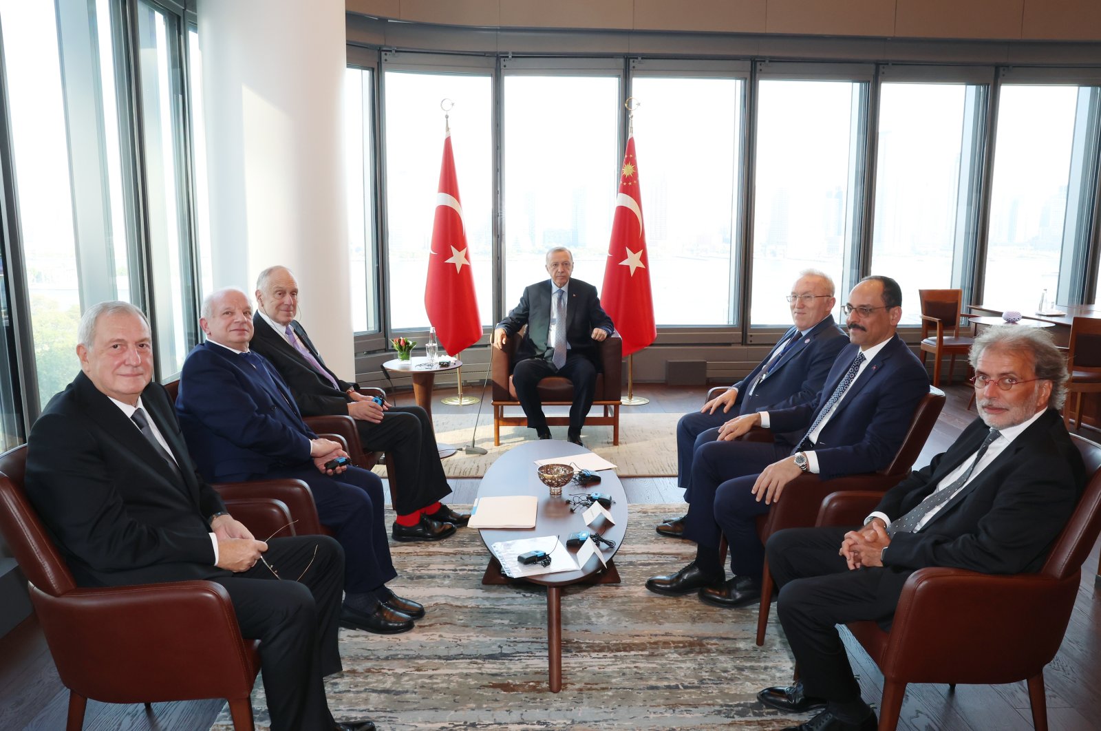 President Recep Tayyip Erdoğan receives senior members of the World Jewish Congress at the Turkish House (Türkevi) in New York, U.S., Sept. 19, 2022. (AA Photo)
