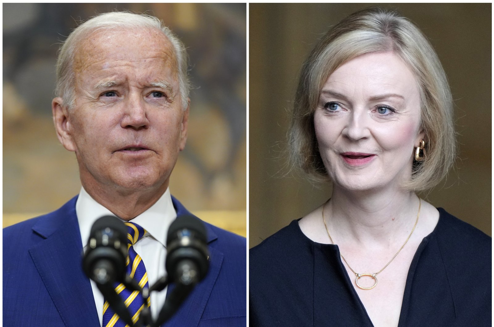 This combination of photos shows U.S. President Joe Biden (L) at the White House in Washington, Aug. 24, 2022, and Britain’s Prime Minister Liz Truss at Westminster Hall, in the Palace of Westminster, in London, U.K., Sept. 12, 2022. (AP Photo)