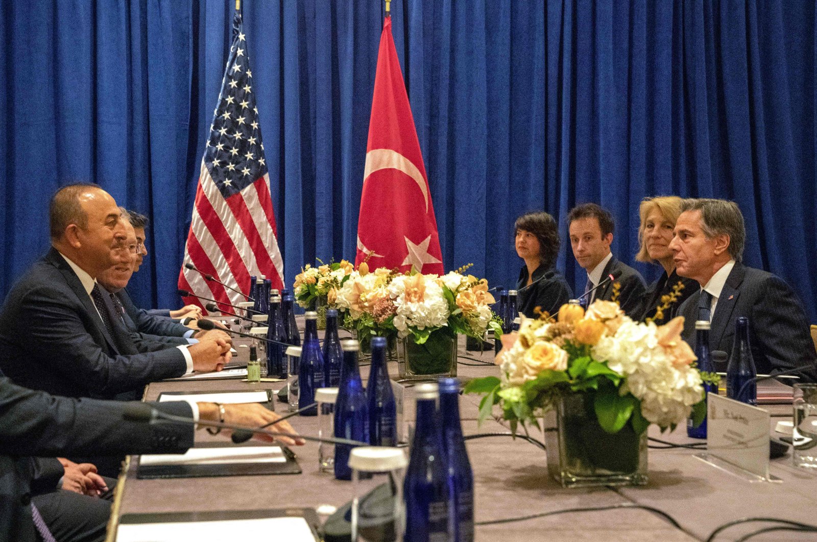 Foreign Minister Mevlüt Çavuşoğlu meets with U.S. Secretary of State Antony Blinken (R) on the sidelines of the 77th United Nations General Assembly in New York City, U.S., Sept. 20, 2022. (AFP Photo)