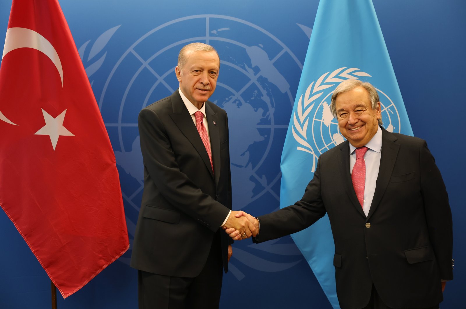 President Recep Tayyip Erdoğan shakes hands with U.N. Secretary-General Antonio Guterres in New York, Sept. 20, 2022. (AA Photo)