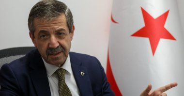 TRNC Foreign Minister Tahsin Ertuğruloğlu speaks to reporters, Oct. 10, 2021. (AA Photo)