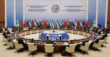 The meeting of the 22nd Shanghai Cooperation Organization Head of State Council (SCO-HSC) Summit, in Samarkand, Uzbekistan, Sept. 16, 2022. (EPA-EFE via Kremlin)