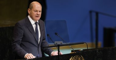German Chancellor Olaf Scholz speaks during the 77th session of the United Nations General Assembly (UNGA) at U.N. headquarters, New York City, U.S., Sept. 20, 2022. (AFP Photo)