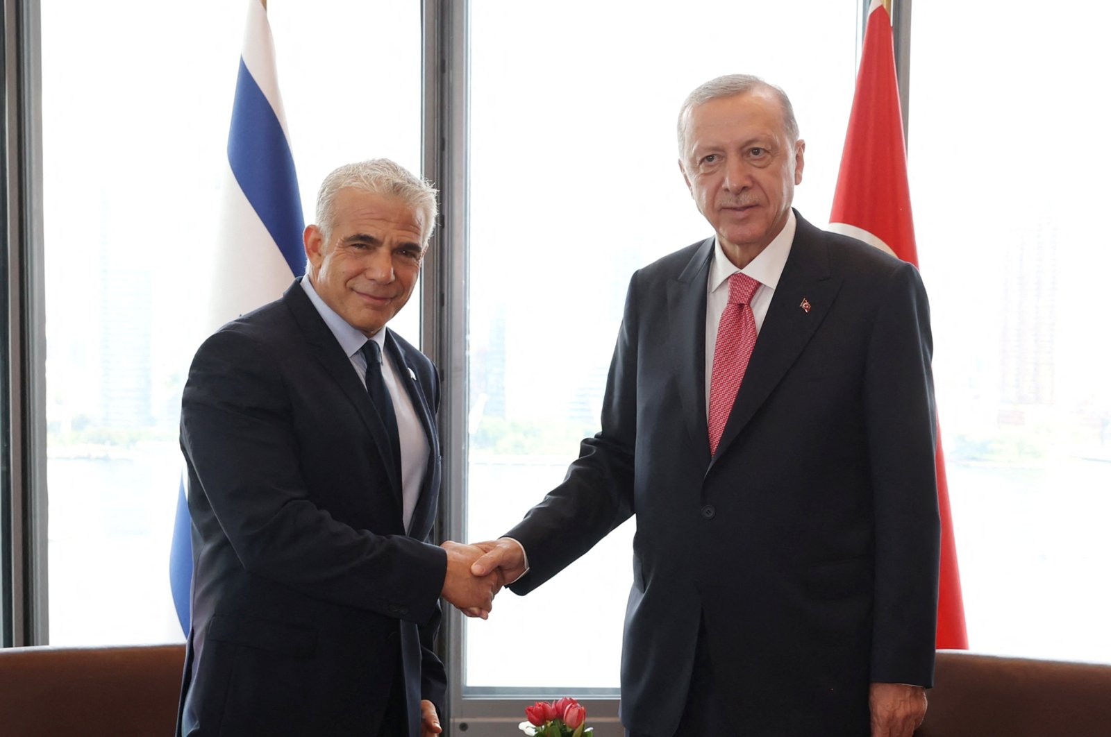 President Recep Tayyip Erdoğan meets with Israeli Prime Minister Yair Lapid on the sidelines of the U.N. General Assembly, in New York City, U.S., Sept. 20, 2022. (Reuters Photo)