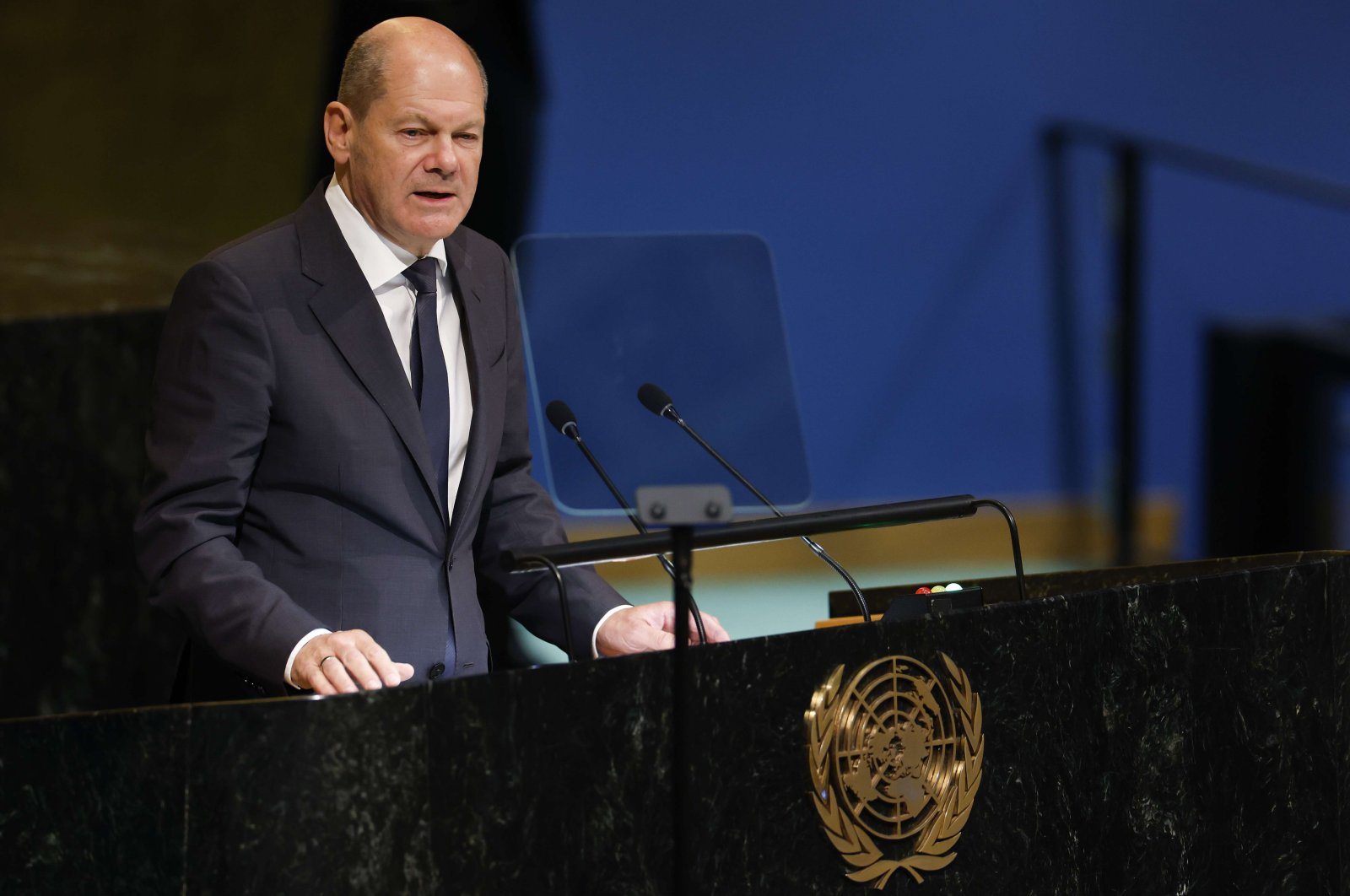 German Chancellor Olaf Scholz speaks during the 77th session of the United Nations General Assembly (UNGA) at U.N. headquarters, New York City, U.S., Sept. 20, 2022. (AFP Photo)