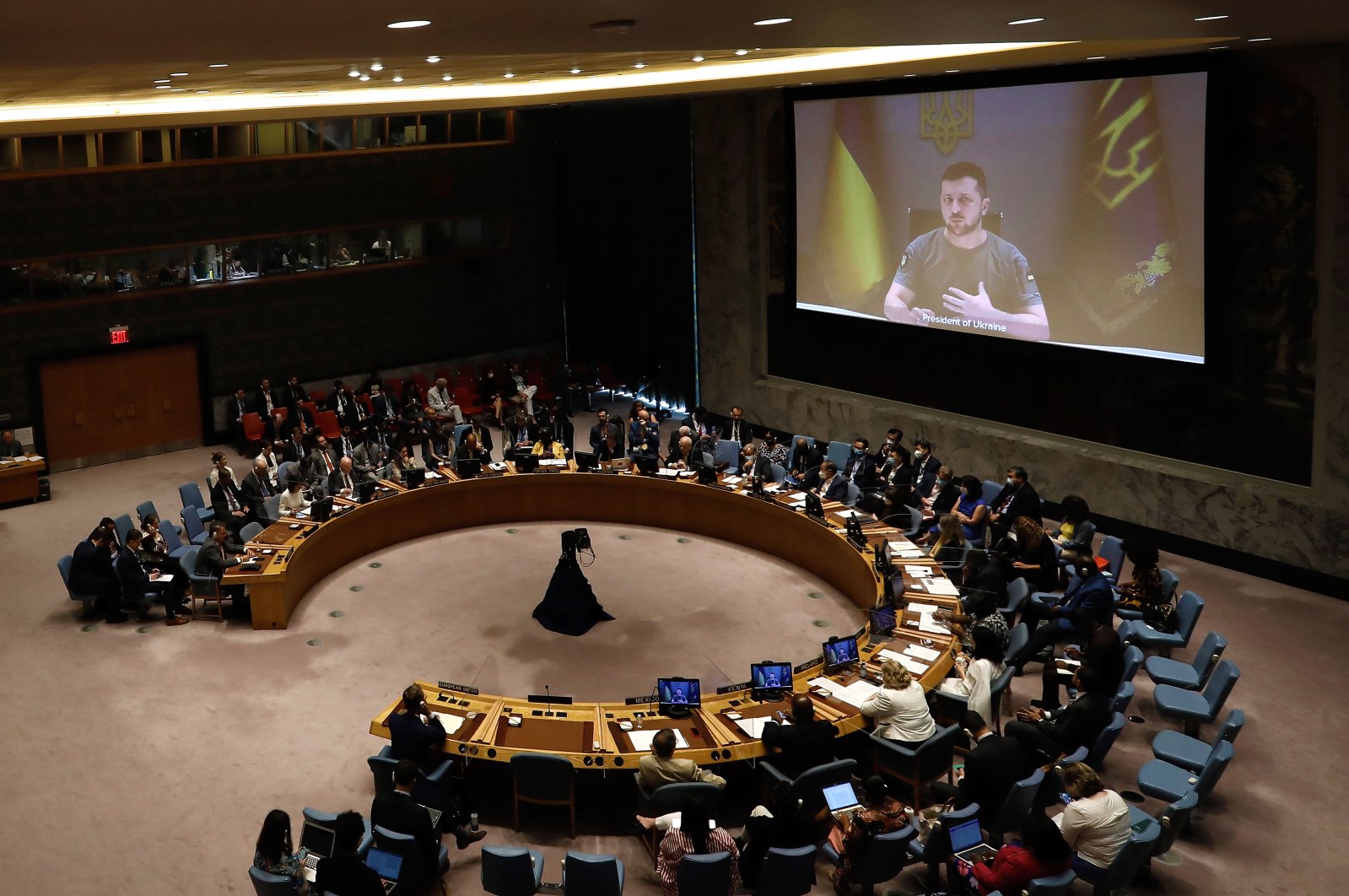 Ukrainian President Volodymyr Zelenskyy (on screen) addresses a United Nations Security Council meeting on the situation in Ukraine, at the United Nations headquarters in New York, New York, US, Aug. 24, 2022. (EPA Photo)