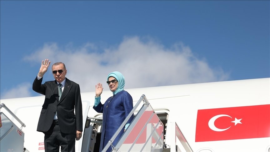 President Recep Tayyip Erdoğan boards his private plane with first lady Emine Erdoğan in Ankara, Türkiye. (AA File Photo)