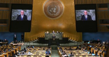 Israel's Prime Minister Yair Lapid addresses the 77th session of the United Nations General Assembly at the U.N. headquarters in New York City, U.S., Sept. 22, 2022. (AFP Photo)