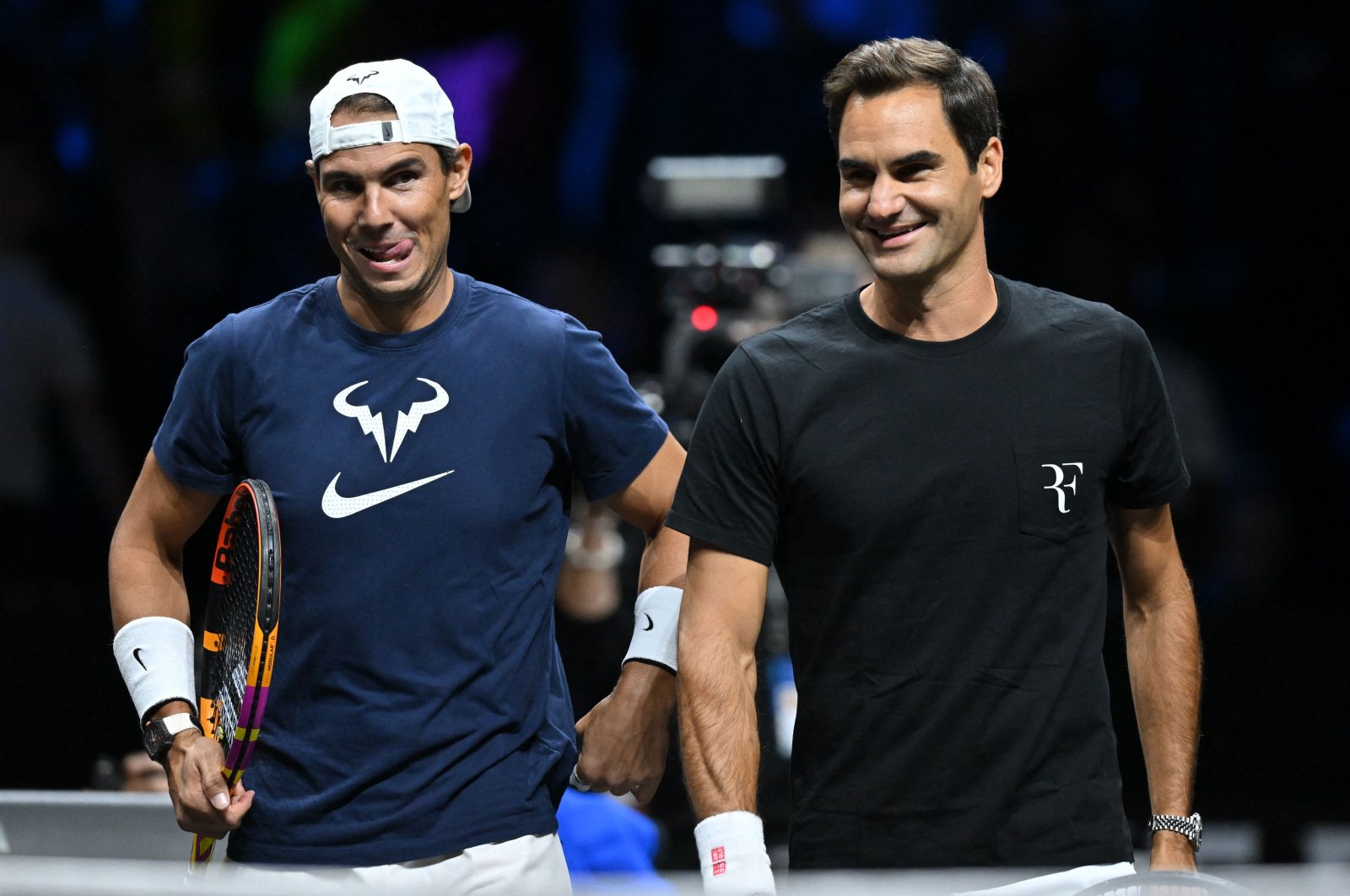 Roger Federer (R) and Rafael Nadal attend a practice session ahead of the 2022 Laver Cup, London, England, Sept. 22, 2022. (AFP Photo)