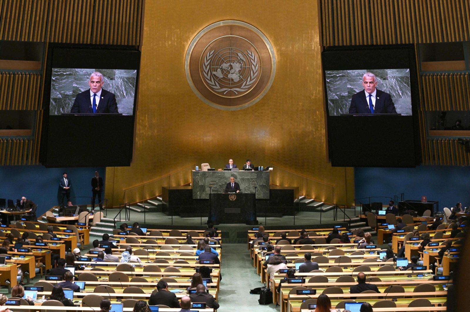 Israel&#039;s Prime Minister Yair Lapid addresses the 77th session of the United Nations General Assembly at the U.N. headquarters in New York City, U.S., Sept. 22, 2022. (AFP Photo)