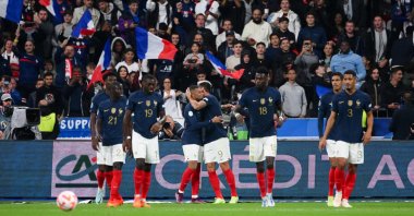 France players celebrate a goal in a Nations League game against Austria, Paris, France, Sept. 22, 2022. (AFP Photo)
