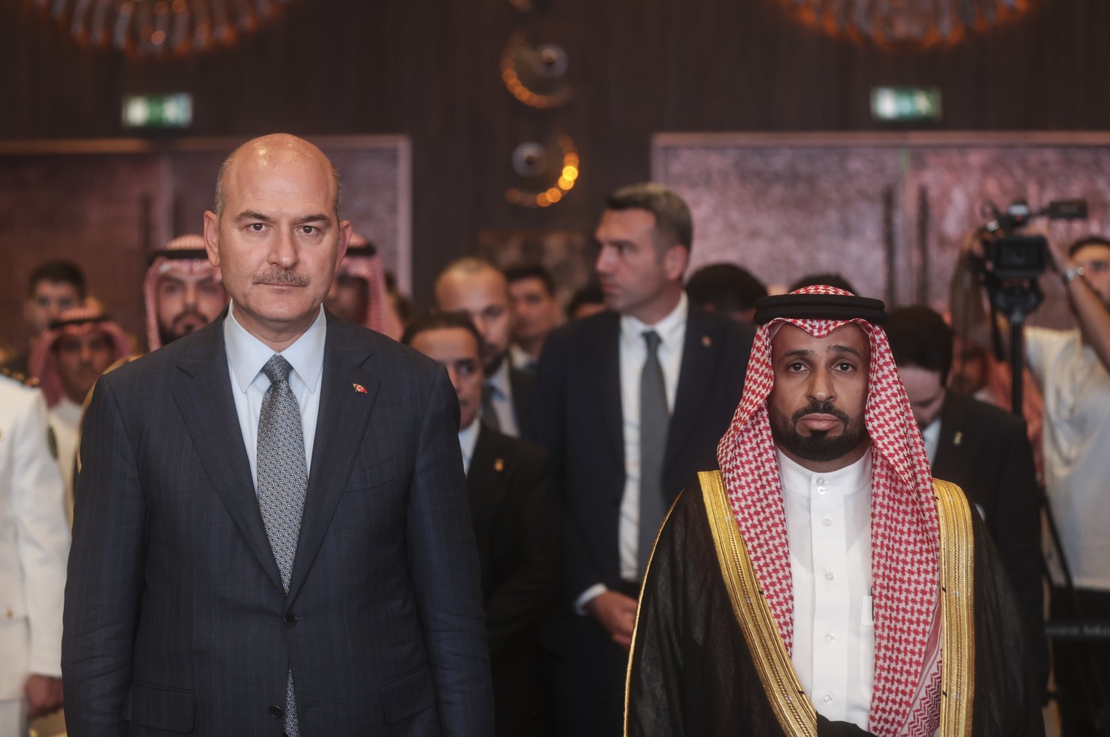 Interior Minister Süleyman Soylu (L) and Charge d&#039;Affaires of Saudi Arabia Yousef Alharbi (R) attend a reception to mark the 92nd anniversary of Saudi Arabia&#039;s independence, in Ankara, Türkiye, Sept. 22, 2022. (AA Photo)