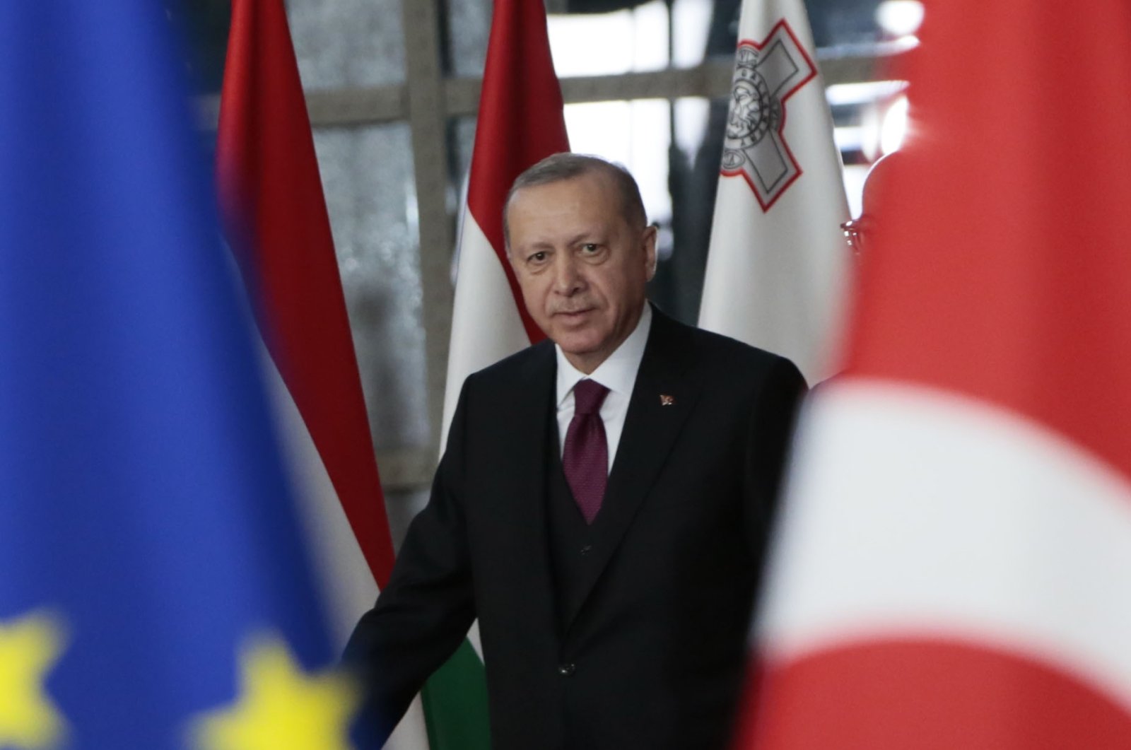 President Recep Tayyip Erdoğan arrives for a meeting with European Council President Charles Michel at the European Council building in Brussels, Belgium, March 9, 2020. (AP Photo)