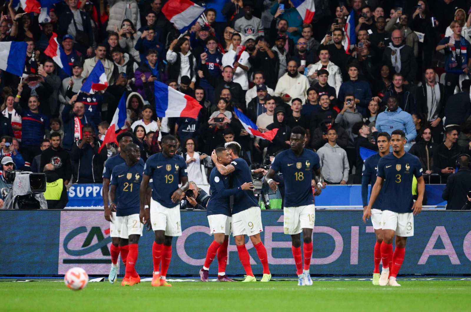 France players celebrate a goal in a Nations League game against Austria, Paris, France, Sept. 22, 2022. (AFP Photo)