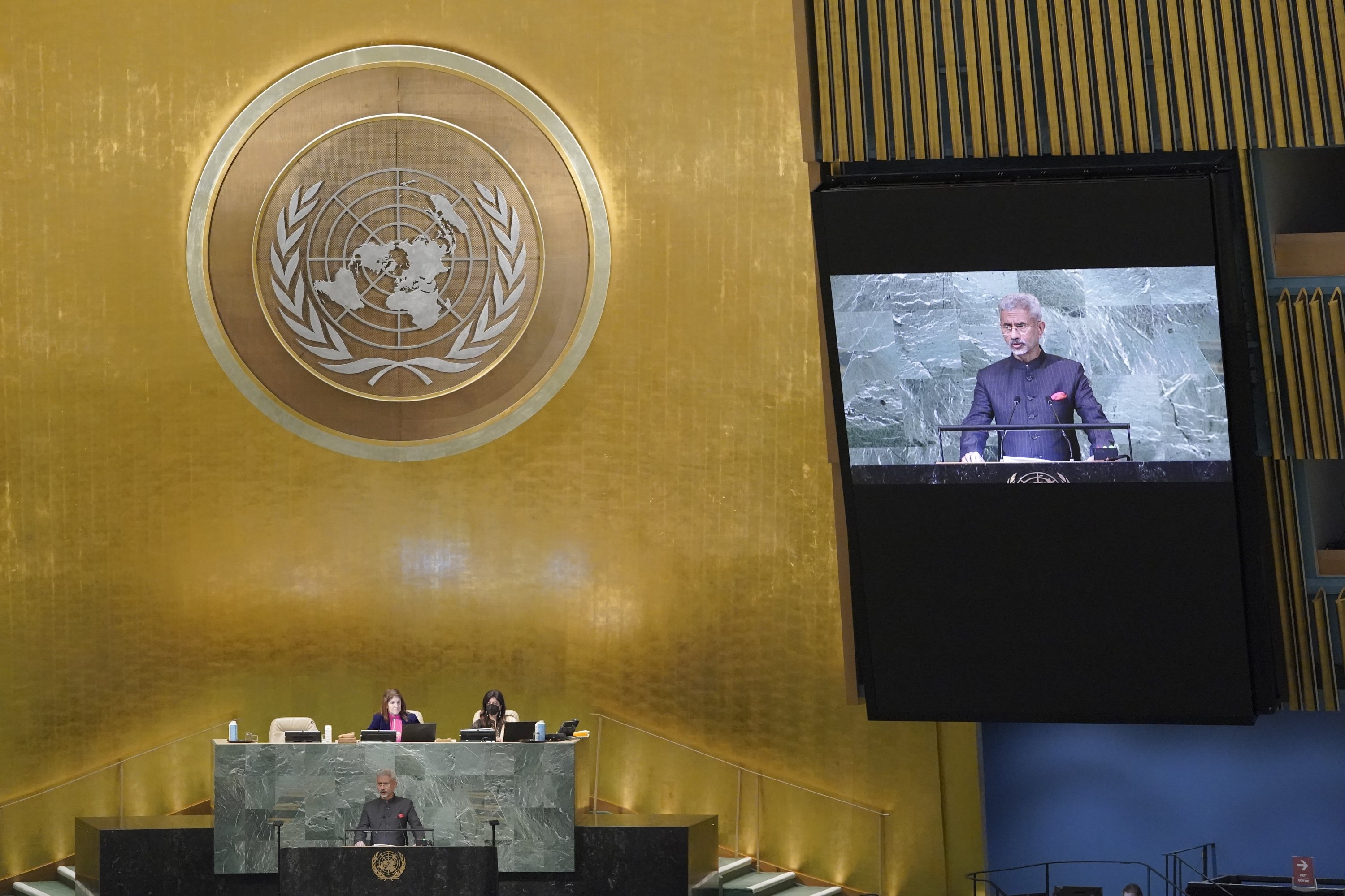 India's Foreign Minister Subrahmanyam Jaishankar addresses the 77th session of the U.N. General Assembly, New York, U.S., Sept. 24, 2022. (AP Photo)