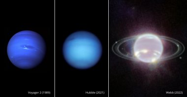 A composite image shows three side-by-side images of Neptune from Voyager 2, Hubble and Webb telescopes, Sept. 21, 2022. (AP Photo)