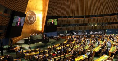 President Recep Tayyip Erdoğan speaks at the 77th session of the United Nations General Assembly (UNGA) at the U.N. headquarters, New York, U.S., Sept. 20, 2022. (AFP Photo)