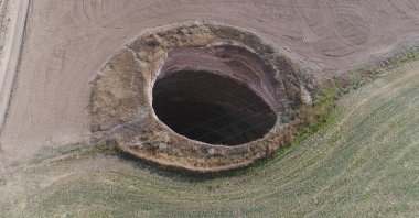 Aerial view of a sinkhole, in Konya, central Türkiye, Sept. 25, 2022. (İHA PHOTO) 