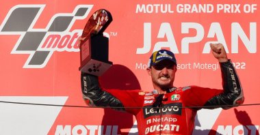 Ducati&#039;s Jack Miller celebrates winning the Japanese MotoGP, Motegi, Japan, Sept. 25, 2022. (AFP Photo)