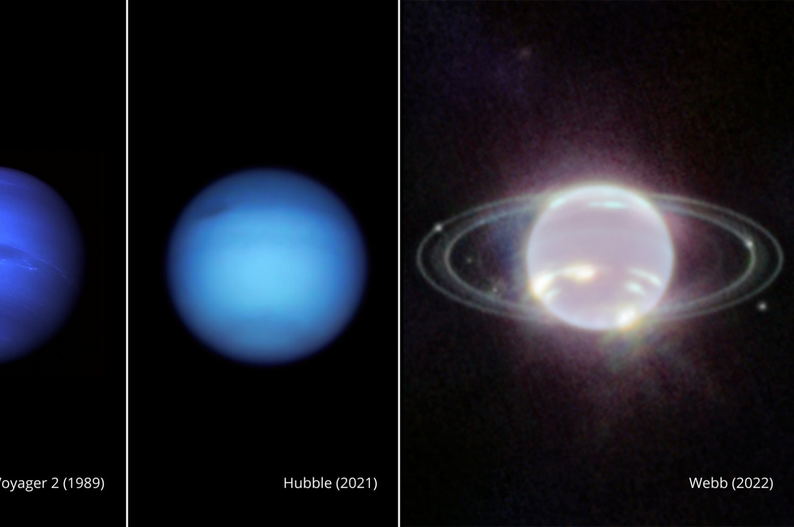 A composite image shows three side-by-side images of Neptune from Voyager 2, Hubble and Webb telescopes, Sept. 21, 2022. (AP Photo)