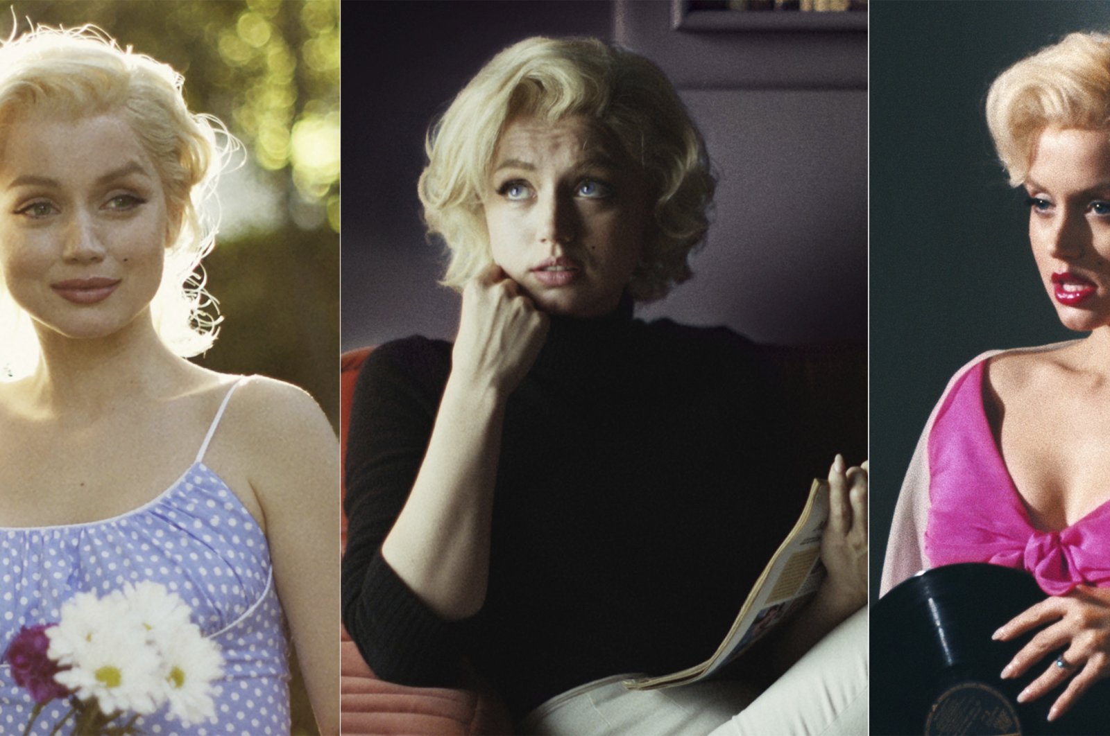 A combination of images shows Ana de Armas as Marilyn Monroe in &quot;Blonde.&quot; (Netflix via AP)