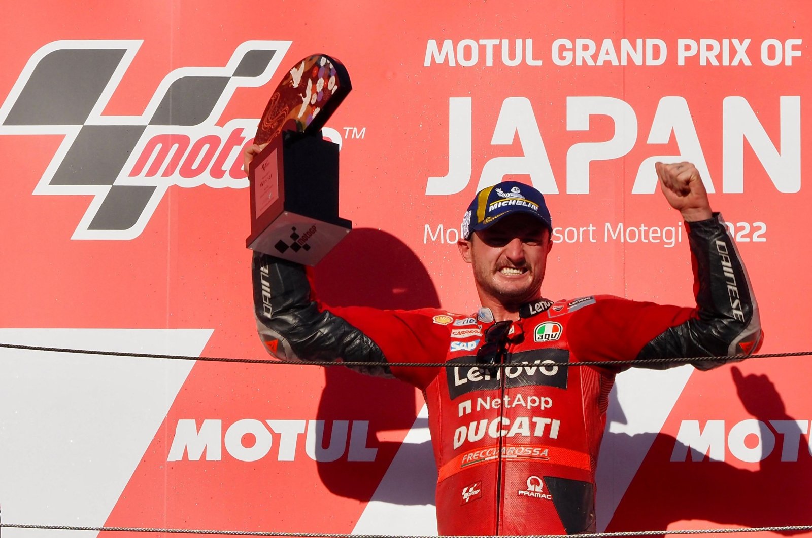 Ducati&#039;s Jack Miller celebrates winning the Japanese MotoGP, Motegi, Japan, Sept. 25, 2022. (AFP Photo)