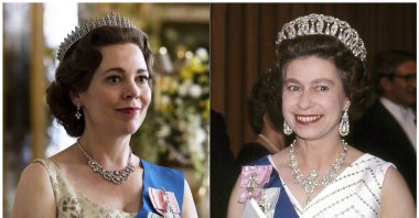 This combination of photos shows Olivia Colman portraying Queen Elizabeth II in a scene from the third season of &quot;The Crown,&quot; (L), and Queen Elizabeth II at the Sydney Opera House in Sydney, Australia on Oct. 20, 1973. (AP Photo)