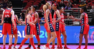 Team USA celebrates their win in the Women's Basketball World Cup, Sydney, Australia, Sept. 26, 2022. (AFP Photo)