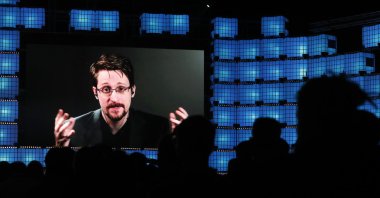 Former U.S. National Security Agency contractor Edward Snowden addresses attendees through video link at the Web Summit technology conference in Lisbon, Monday, Nov. 4, 2019. (AP File Photo)
