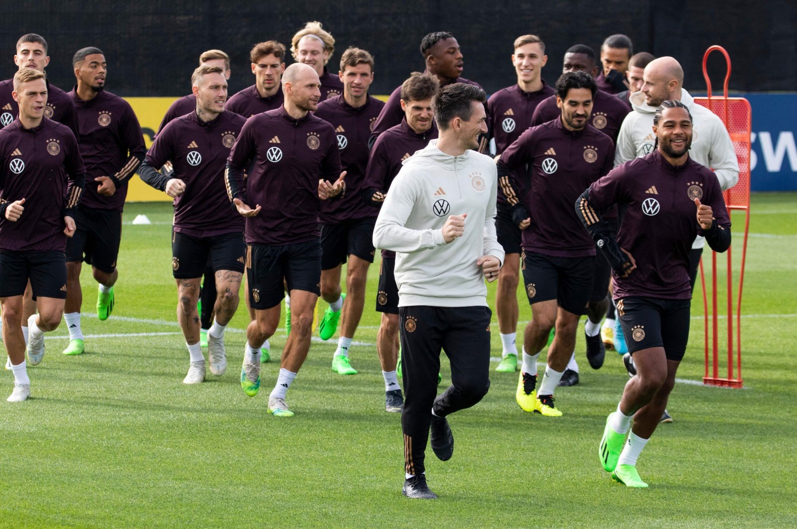 Germany players warm up during a training session at the DFB campus in Frankfurt am Main, western Germany, Sept. 20, 2022.