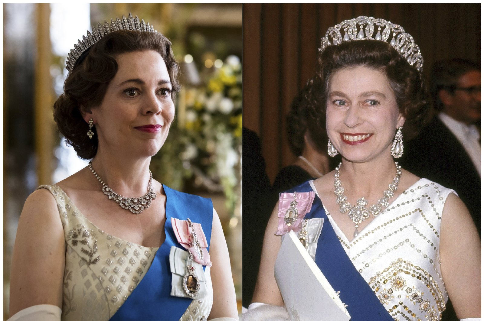 This combination of photos shows Olivia Colman portraying Queen Elizabeth II in a scene from the third season of &quot;The Crown,&quot; (L), and Queen Elizabeth II at the Sydney Opera House in Sydney, Australia on Oct. 20, 1973. (AP Photo)