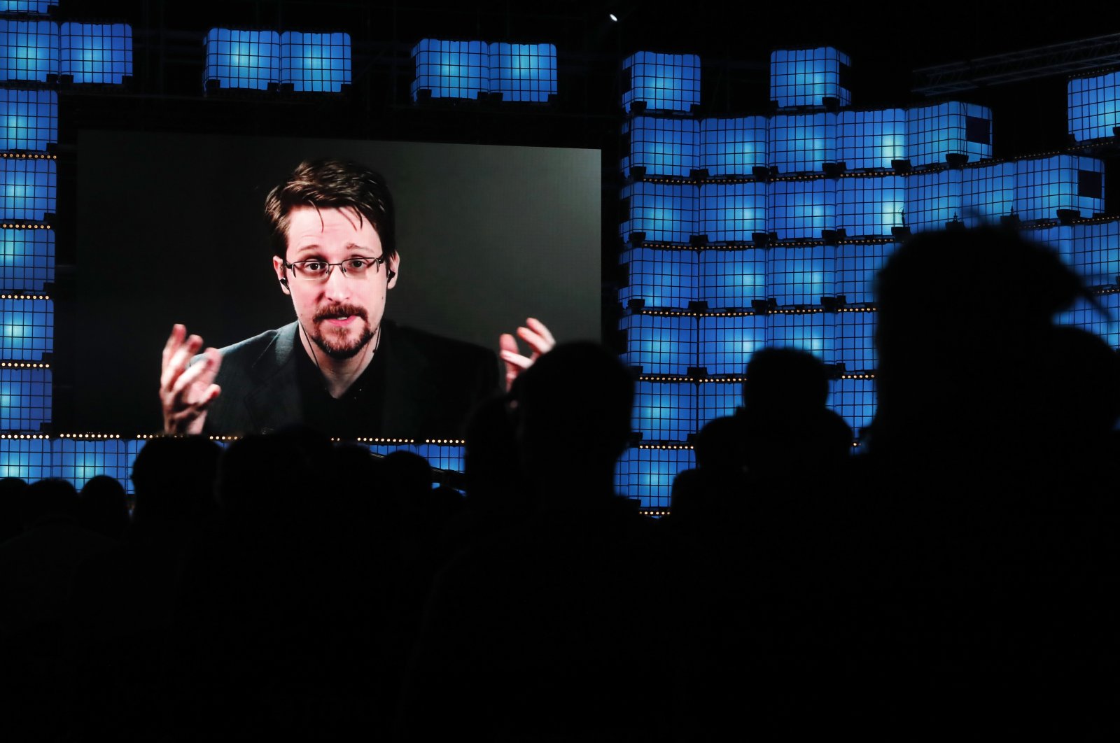 Former U.S. National Security Agency contractor Edward Snowden addresses attendees through video link at the Web Summit technology conference in Lisbon, Monday, Nov. 4, 2019. (AP File Photo)