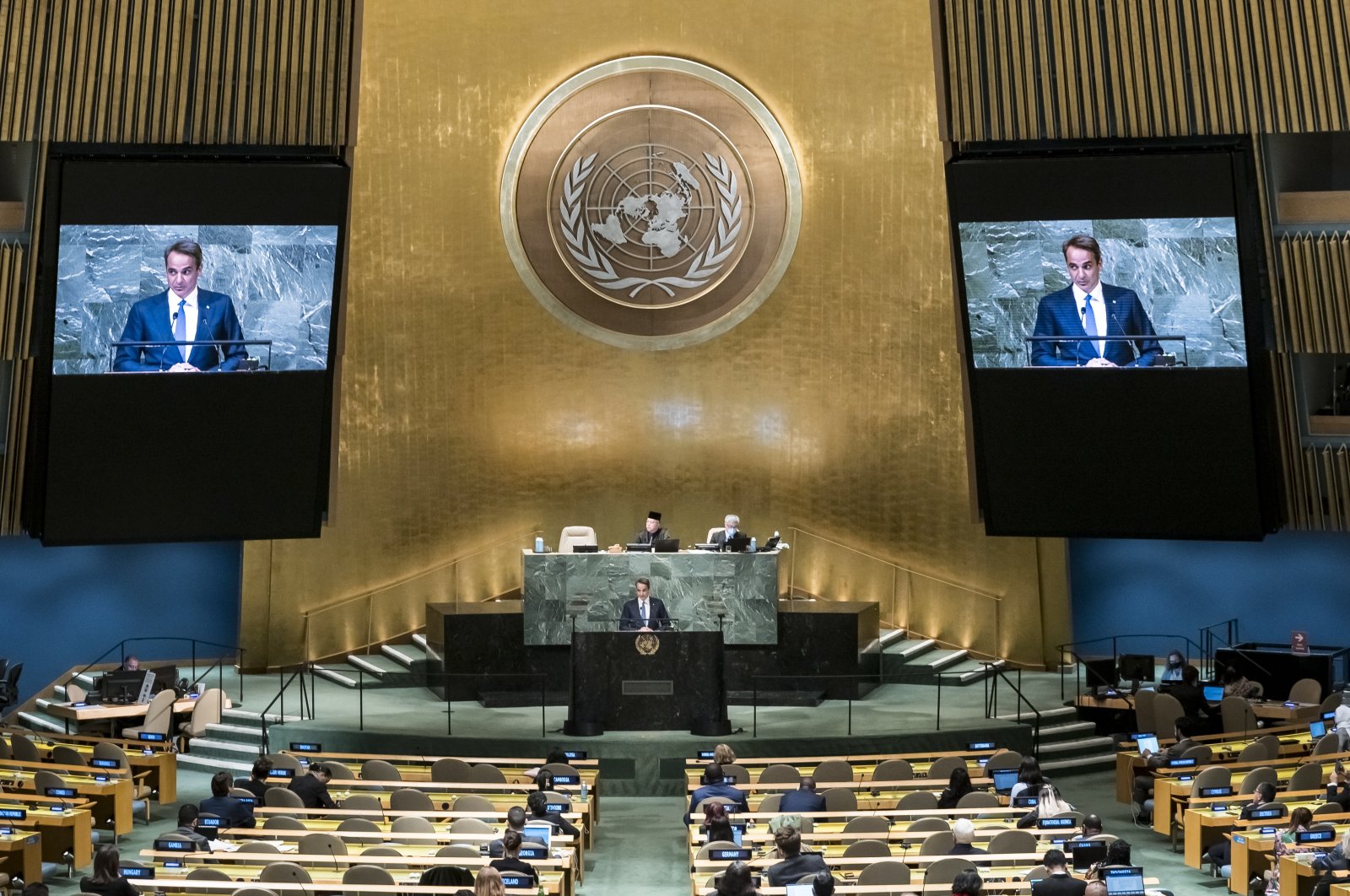 Greek Prime Minister Kyriakos Mitsotakis addresses the 77th session of the U.N. General Assembly, in the General Assembly hall at United Nations Headquarters, New York, U.S., Sept. 23 2022. (EPA Photo)