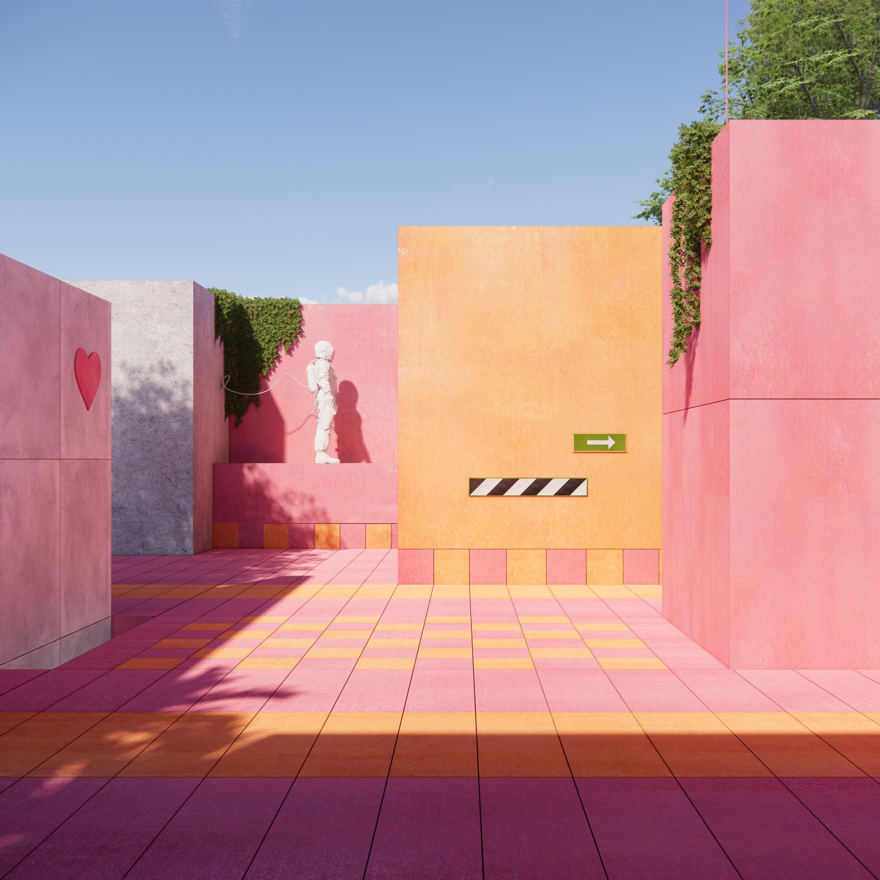 "EXIT 017: Astronaut Station" is a non-focal snapshot of a pink and open space accessorized with an astronaut statue near an arrow sign. It is suggestive of a series of rooms, and the sign is reminiscent of an exit sign without showing the exit. (Photo courtesy of Ceren Arslan)
