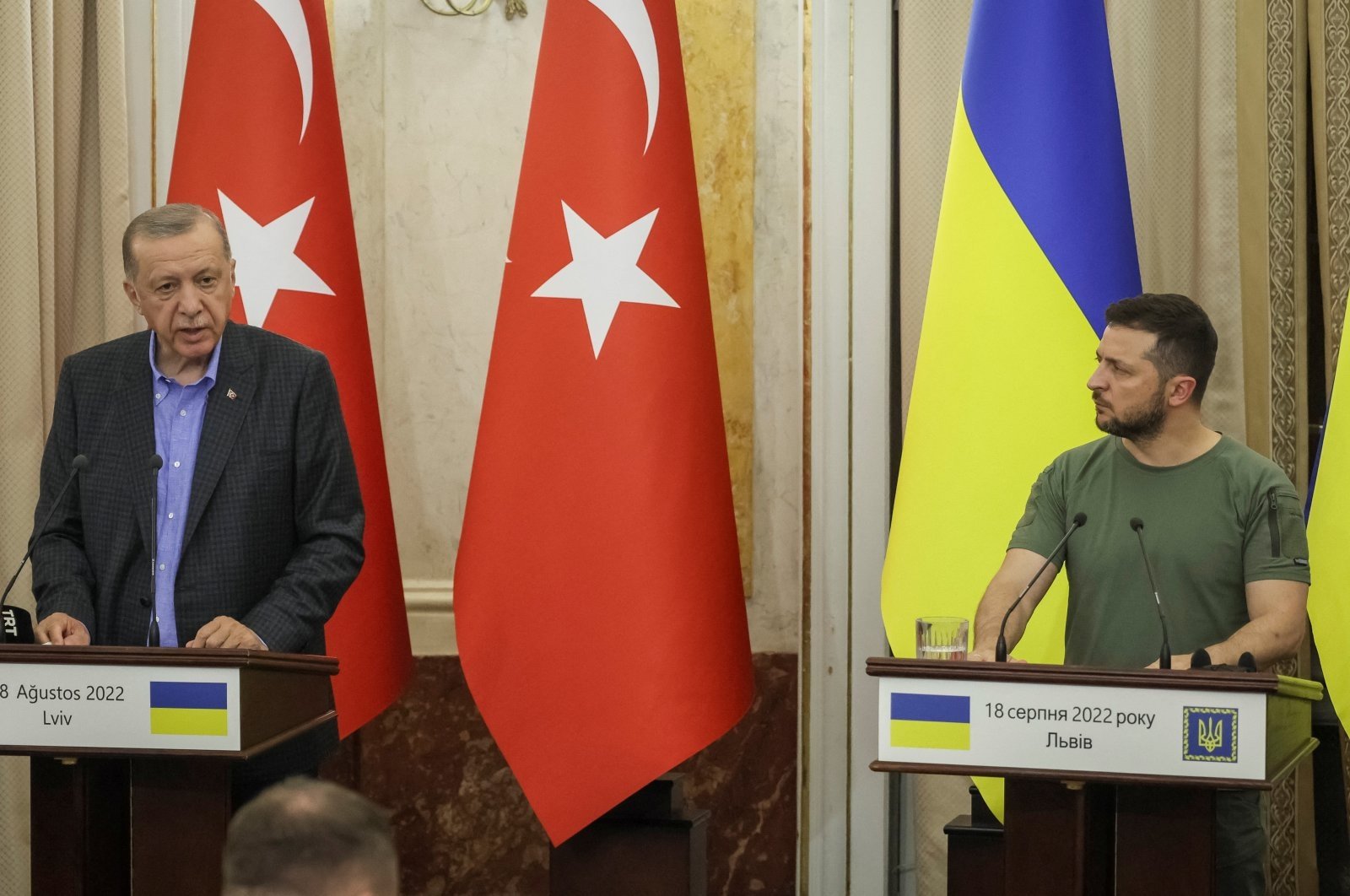 President Recep Tayyip Erdoğan (L), Ukrainian President Volodymyr Zelenskyy (R) and U.N. Secretary-General Antonio Guterres (not pictured) attend a joint news conference following their meeting in Lviv, Ukraine, Aug. 18, 2022. (Reuters Photo)