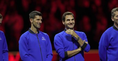 Team Europe's Novak Djokovic and Roger Federer stand side by side at the end of the Laver Cup tennis tournament in London, U.K., Sept. 25, 2022. (AP Photo