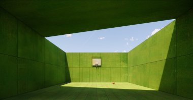 "EXIT 001: Green Suede Walls for the Basketball Court," a typical setting for a basketball court with green suede balls. A ball sits in the middle of the court reminiscent of a solo game. The court has its own rules. (Photo courtesy of Ceren Arslan)