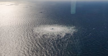 Gas leak at Nord Stream 2 as seen from a Danish F-16 interceptor, Bornholm, Denmark, Sept. 27, 2022. (Danish Defense Command via Reuters)